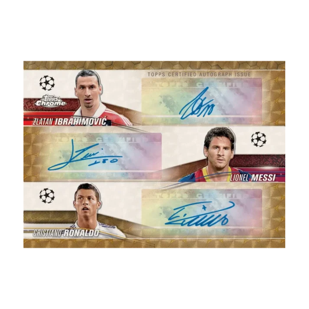 Carte autografate Topps Chrome 2023-24 UEFA con Ibrahimovic, Messi, Ronaldo, sfondo dorato.