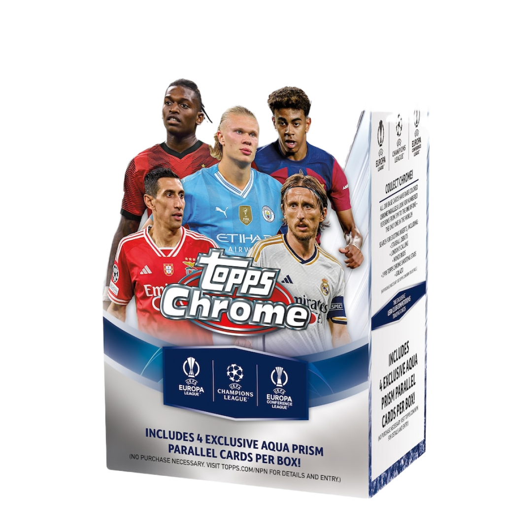 Blaster Box 2023-24 Topps Chrome UEFA Club Competitions con Haaland, Di Maria, Modric.