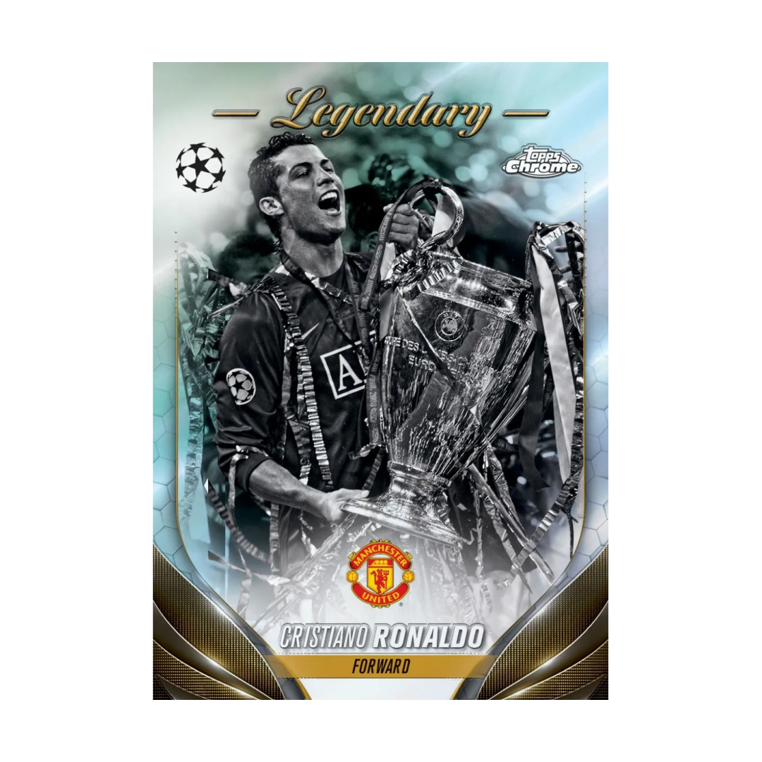 Trading card of Cristiano Ronaldo holding a UEFA Champions League trophy, labeled 'Legendary' with Manchester United crest.