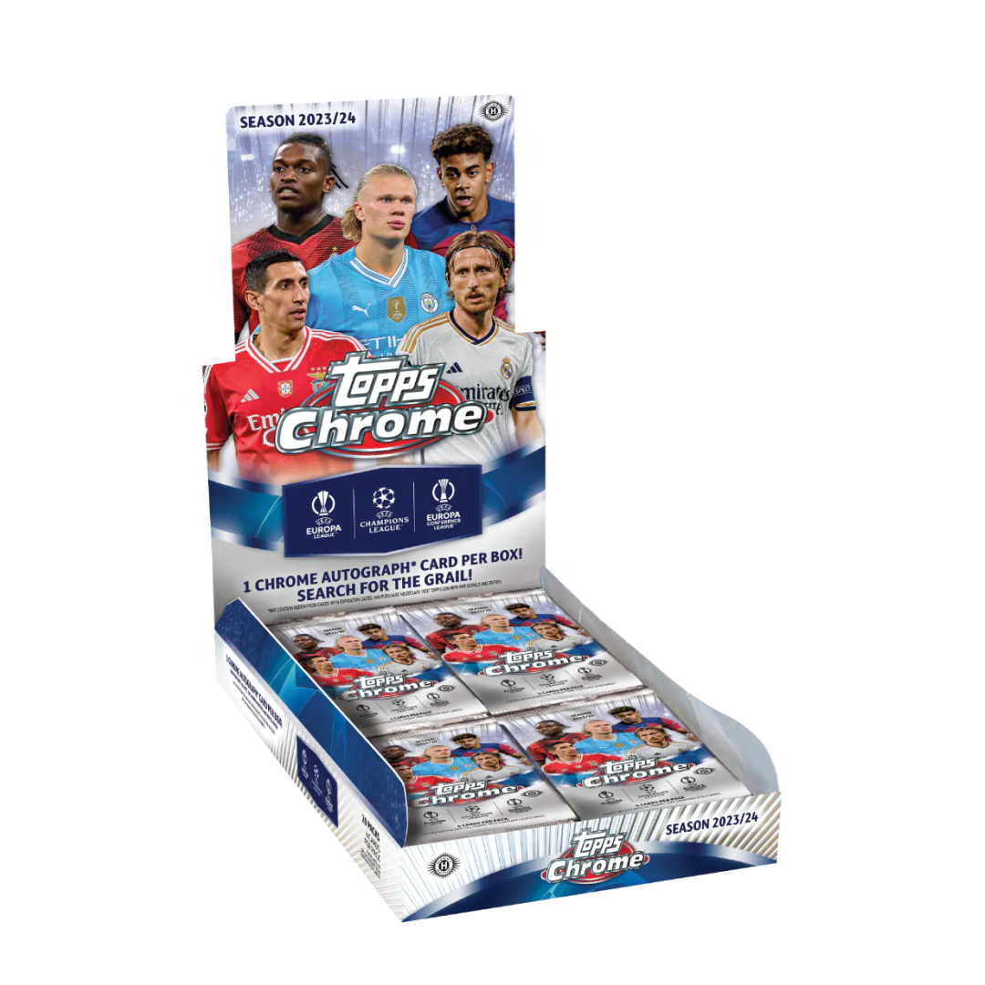Display box for 2023-24 Topps Chrome UEFA Club Competitions trading cards, featuring images of various football players including Cristiano Ronaldo, Erling Haaland, and Lionel Messi.