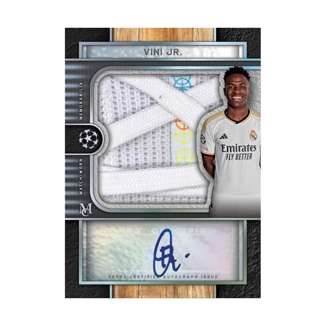 Carta da collezione Vinícius Júnior Vini Jr. Topps con memorabilia Real Madrid.