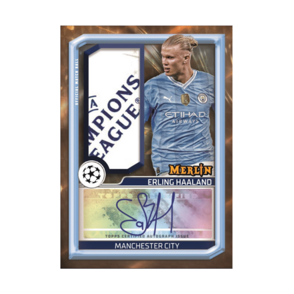 Carta Chrome Merlin di Erling Haaland con autografo, in divisa del Manchester City, ed elementi della Champions League
