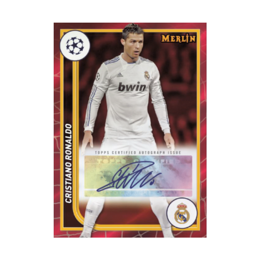 Carta autografata di Cristiano Ronaldo in divisa del Real Madrid, parte della collezione Merlin Chrome