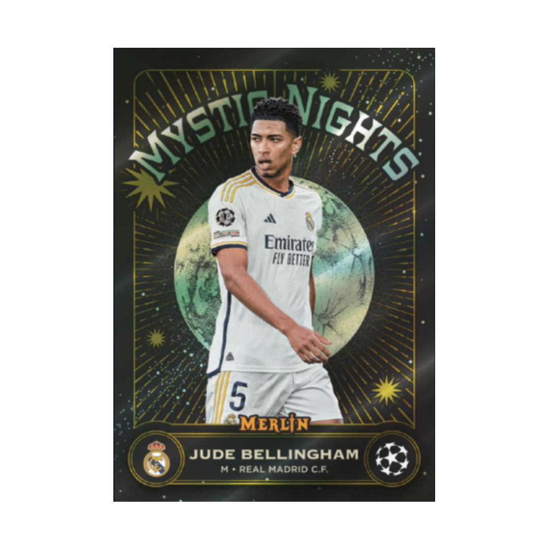 Carta Merlin Mystic Nights di Jude Bellingham in divisa del Real Madrid, con un design stellato