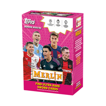 Confezione della Value Box Merlin 2023/24 con immagini di giocatori di calcio e il richiamo alle Sword Cards