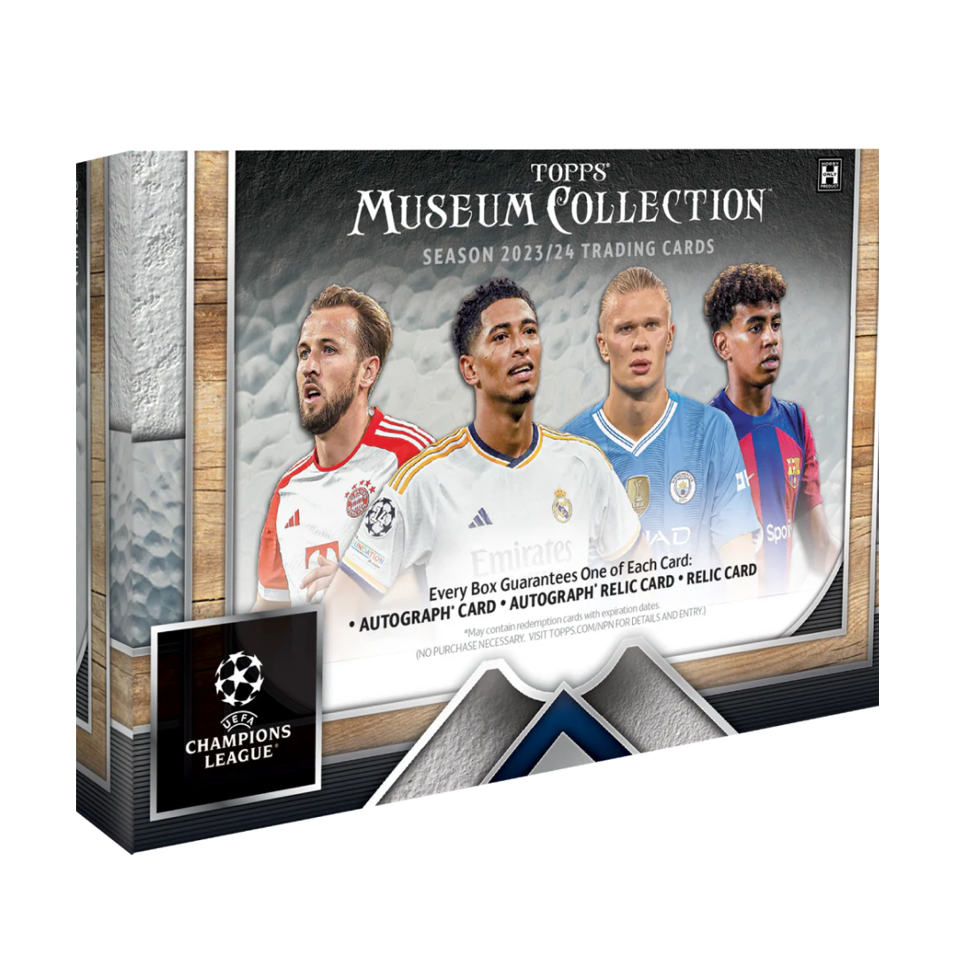 Scatola Topps Museum Collection UCL 2023/24 con carte da collezione autografate e memorabilia.