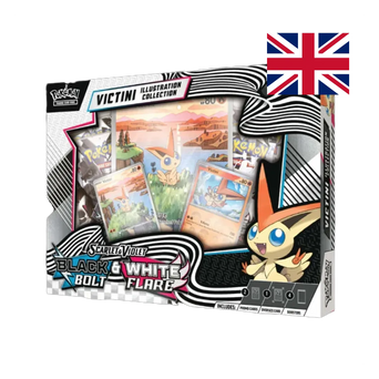 Pokémon TCG Scarlet & Violet—Black Bolt & White Flare Victini Illustration Collection (EN), front of box with promos, jumbo card, and boosters.