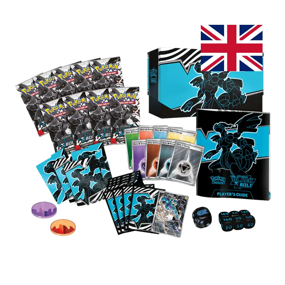 Tutti i tesori contenuti nell'Elite Trainer Box Black Bolt esposti in tutta la loro gloria: 9 bustine dell'espansione Black Bolt, carte Energia base multicolore, dadi segnadanni, bustine protettive con design Zekrom, la carta promozionale olografica e la guida giocatore. Un arsenale completo per dominare ogni battaglia Pokémon.