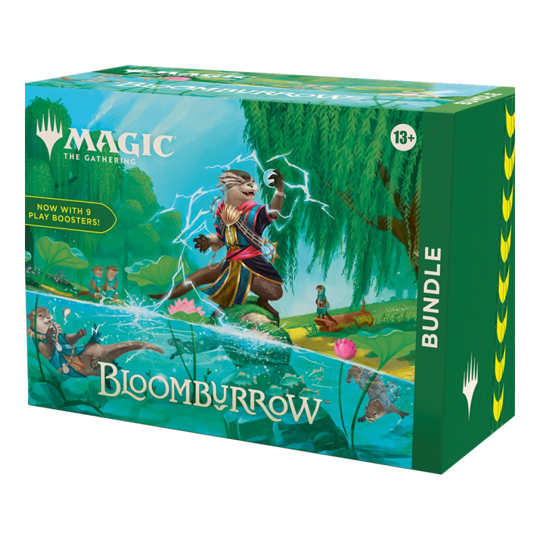 Angled view of Magic: The Gathering Bloomburrow Bundle highlighting the included play boosters and enchanting artwork.