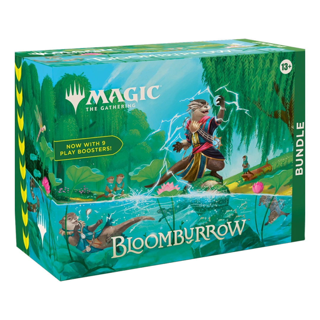 Side view of Magic: The Gathering Bloomburrow Bundle showcasing the detailed packaging and colorful illustrations.