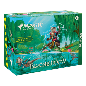 Side view of Magic: The Gathering Bloomburrow Bundle showcasing the detailed packaging and colorful illustrations.