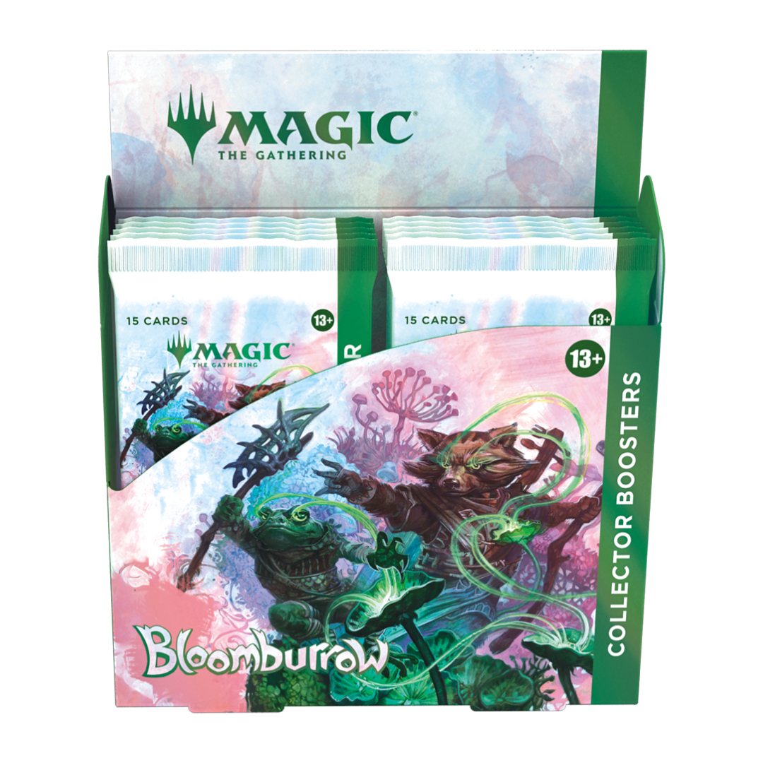 Side view of Magic: The Gathering Bloomburrow Collector Booster Display showcasing detailed packaging.