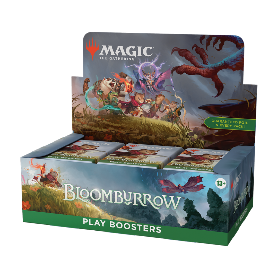 Angled view of the Magic: The Gathering Bloomburrow Play Booster Display, emphasizing the vibrant illustrations and guaranteed foil in every pack.