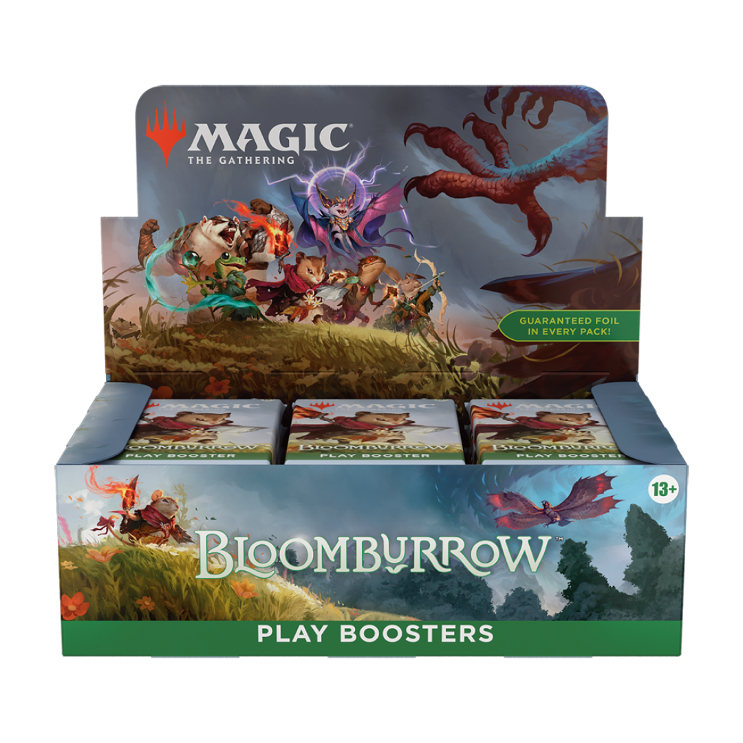 Magic: The Gathering Bloomburrow Play Booster Display showcasing multiple booster packs with colorful artwork.