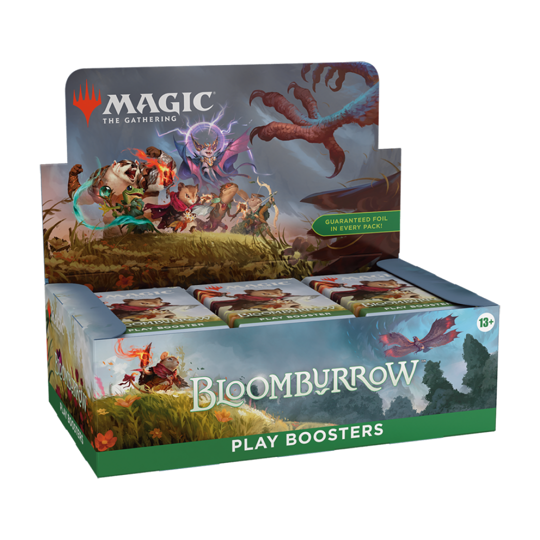 Side view of the Magic: The Gathering Bloomburrow Play Booster Display, highlighting the detailed packaging design.