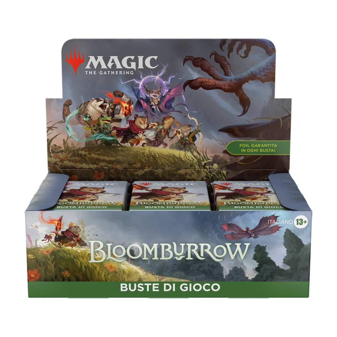 Confezione di booster BloomBurrow per Magic: The Gathering, con grafica colorata e accattivante