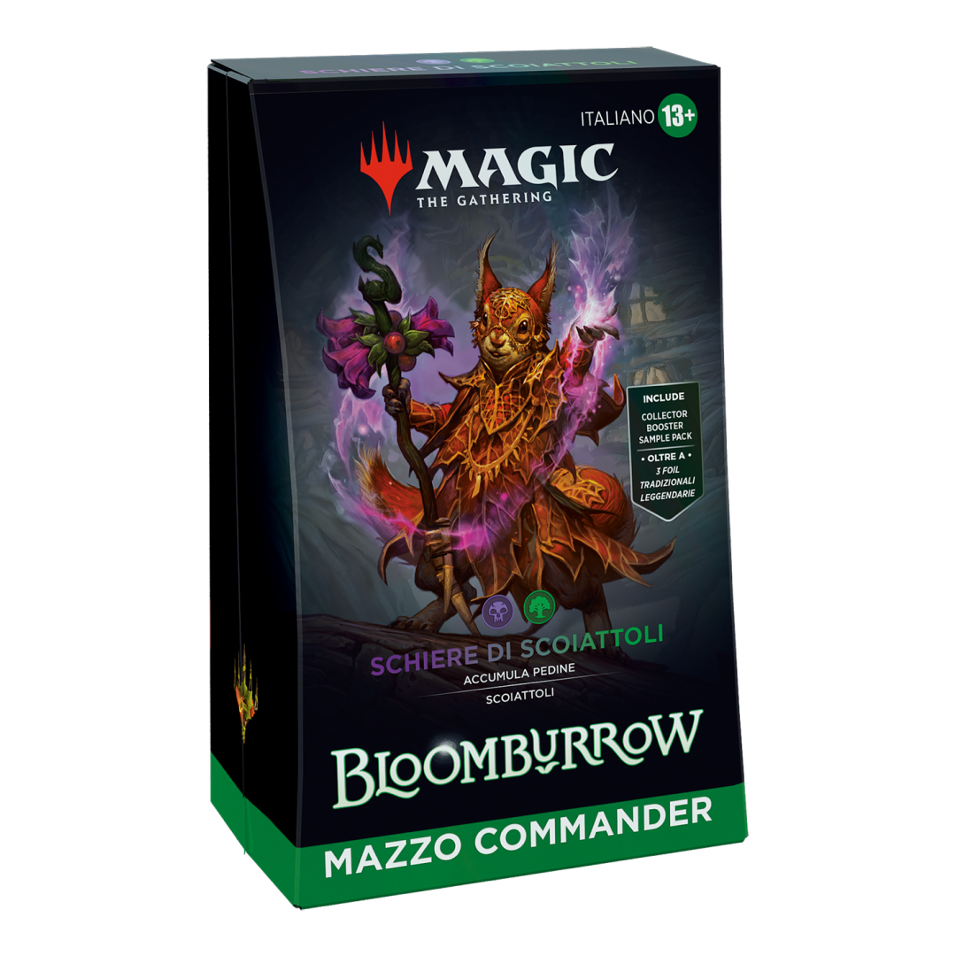 Vista angolare del Mazzo Commander Schiere di Scoiattoli di Bloomburrow per Magic: The Gathering.