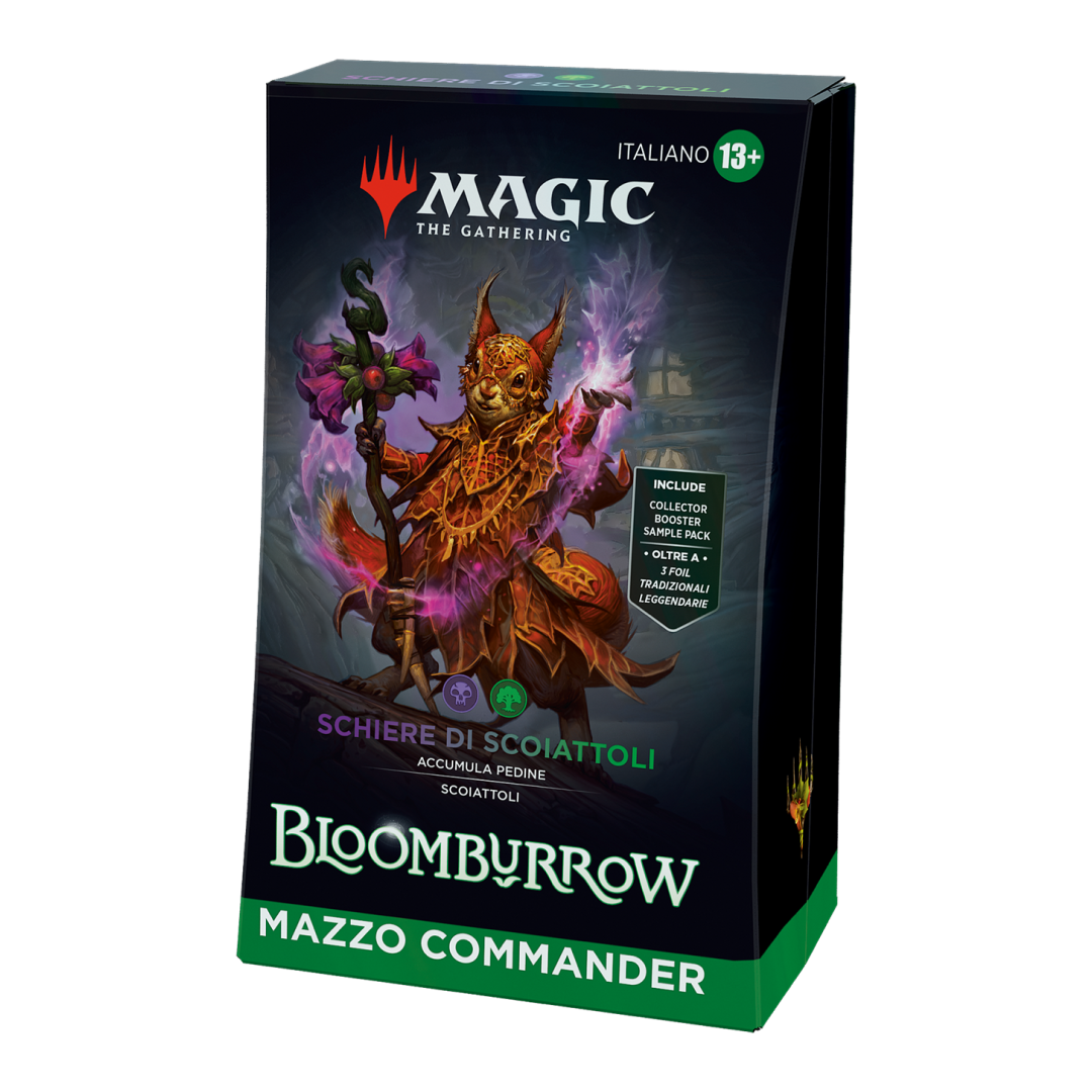 Confezione laterale del Mazzo Commander Schiere di Scoiattoli di Bloomburrow per Magic: The Gathering.