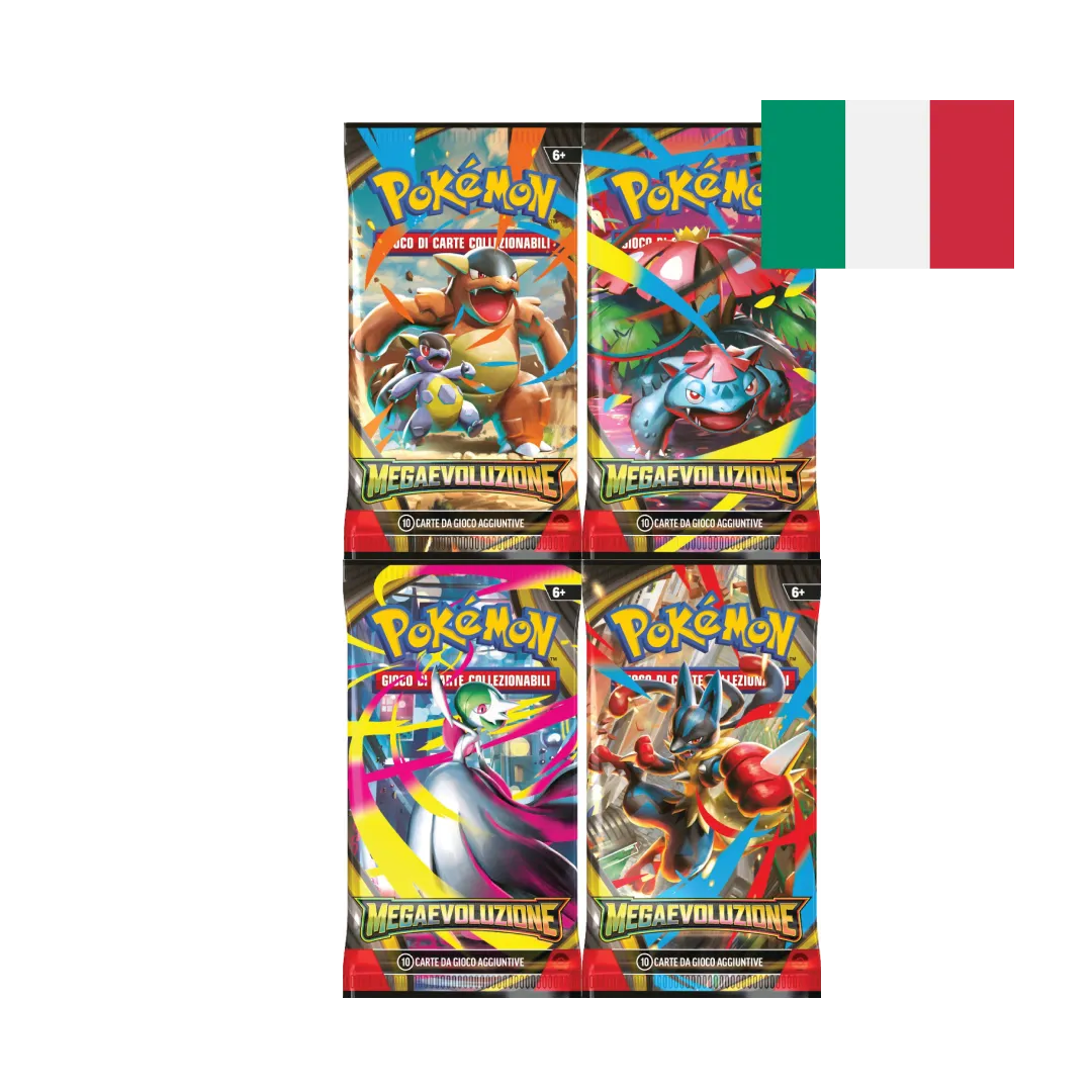 Quattro bustine Pokemon con Venosaur, Gardevoir, Lucario e Kangaskhan.
