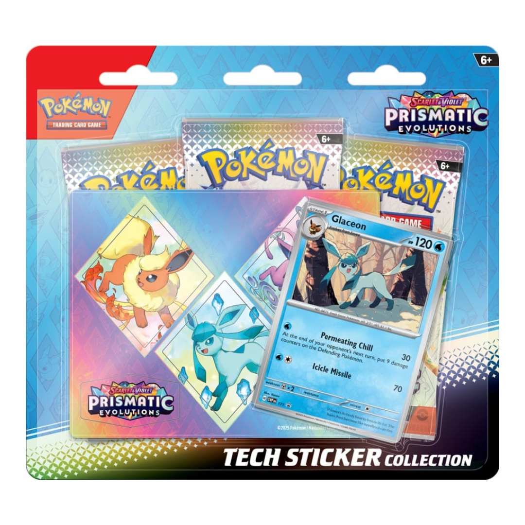 Immagine del prodotto che include una carta promozionale olografica di Glaceon, adesivi tematici e 3 buste dell'espansione Scarlatto e Violetto: Evoluzioni Prismatiche.