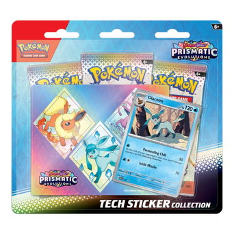 Immagine del prodotto che include una carta promozionale olografica di Glaceon, adesivi tematici e 3 buste dell'espansione Scarlatto e Violetto: Evoluzioni Prismatiche.