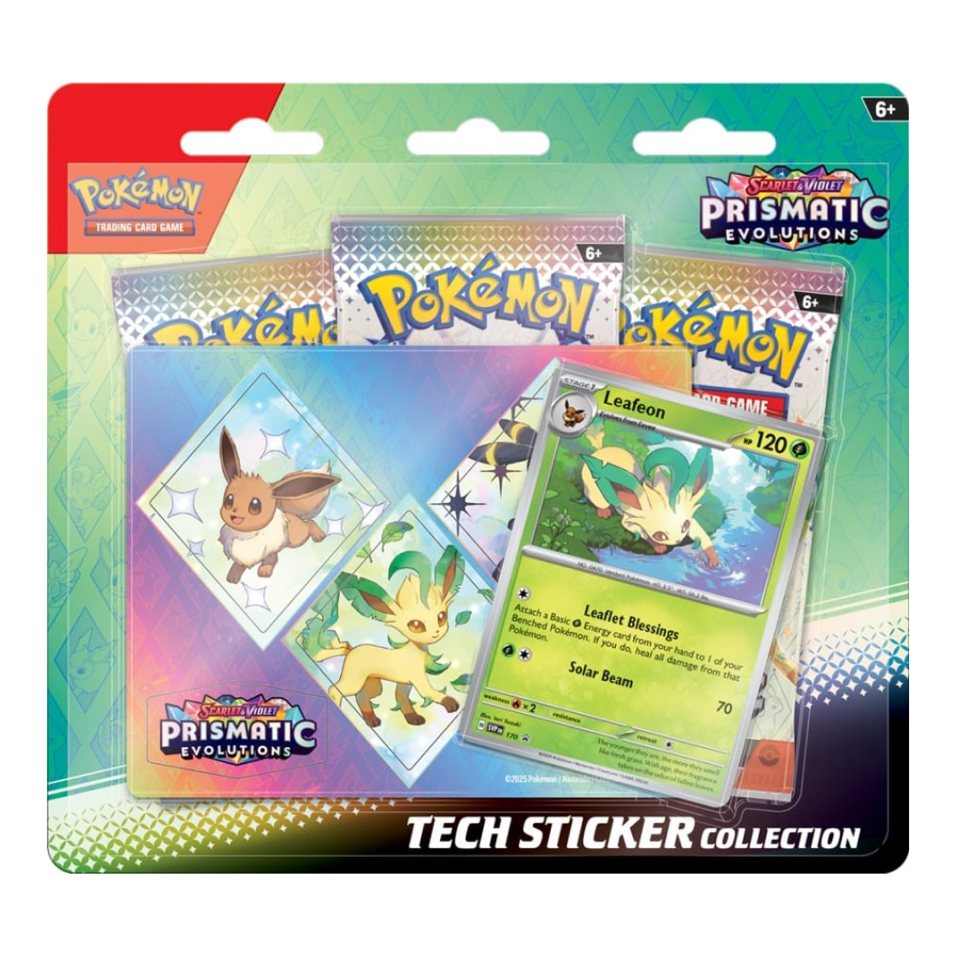 Immagine del prodotto che include una carta promozionale olografica di Leafeon, adesivi tematici a tema Eevee e 3 buste dell'espansione Scarlatto e Violetto: Evoluzioni Prismatiche.