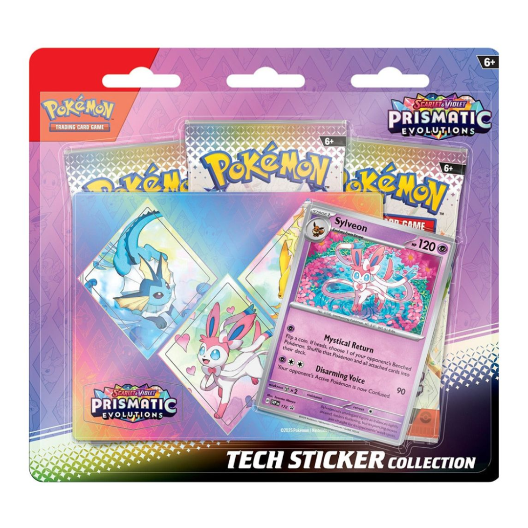 Immagine del prodotto che include una carta promozionale olografica di Sylveon, adesivi decorativi e 3 buste dell'espansione Scarlatto e Violetto: Evoluzioni Prismatiche.