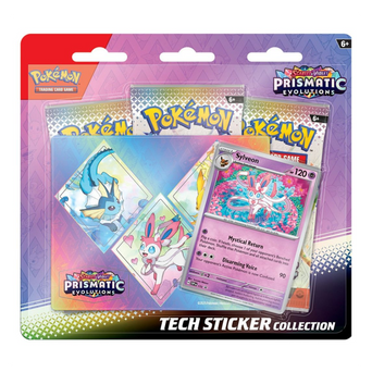 Immagine del prodotto che include una carta promozionale olografica di Sylveon, adesivi decorativi e 3 buste dell'espansione Scarlatto e Violetto: Evoluzioni Prismatiche.