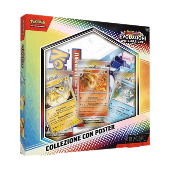 Collezione Pokémon Evoluzioni Prismatiche con Poster - Immagine del prodotto che include 3 carte promozionali olografiche (Flareon, Jolteon, Vaporeon), 3 buste dell'espansione Scarlatto e Violetto: Evoluzioni Prismatiche e un poster esclusivo.