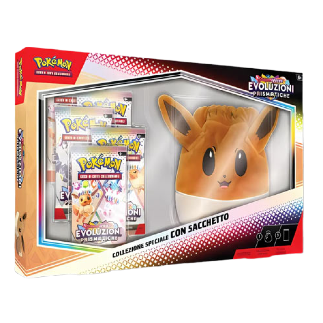 Immagine del prodotto che include un sacchetto a tema Eevee e 5 buste dell'espansione Scarlatto e Violetto: Evoluzioni Prismatiche.