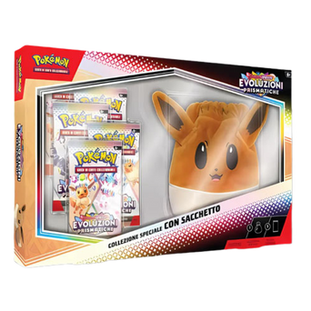 Immagine del prodotto che include un sacchetto a tema Eevee e 5 buste dell'espansione Scarlatto e Violetto: Evoluzioni Prismatiche.