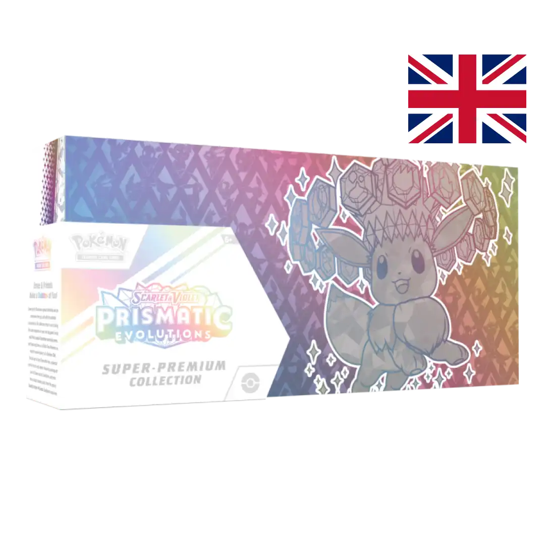 Side view of the Prismatic Evolutions Premium Collection box with rainbow effect and Terastallized Eevee illustration