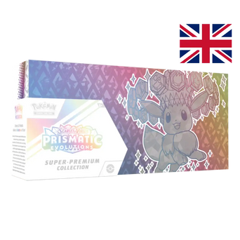 Side view of the Prismatic Evolutions Premium Collection box with rainbow effect and Terastallized Eevee illustration