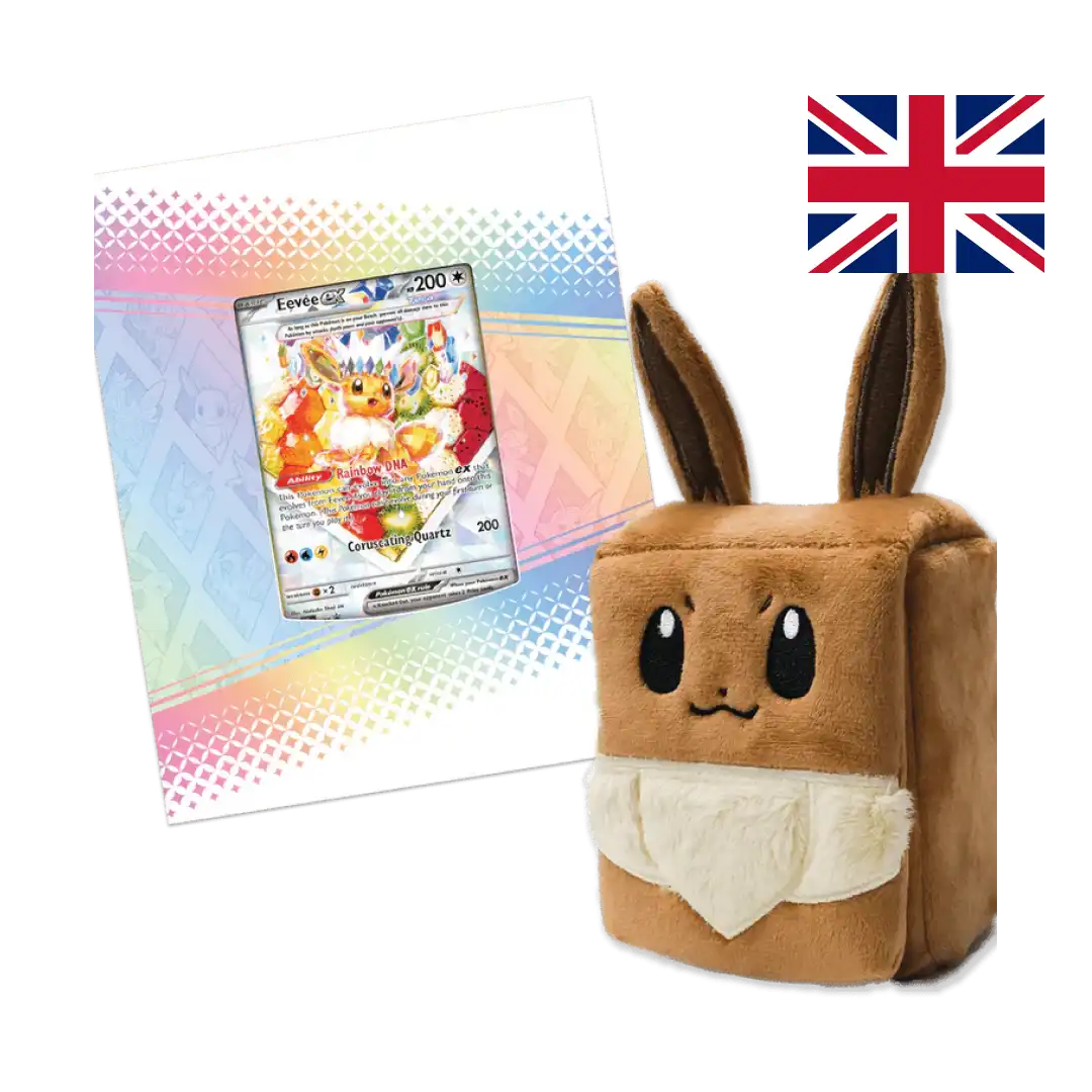 Eevee plush deck holder with Eevee-ex Terastallized promo card featuring Rainbow DNA ability, included in the Premium Collection