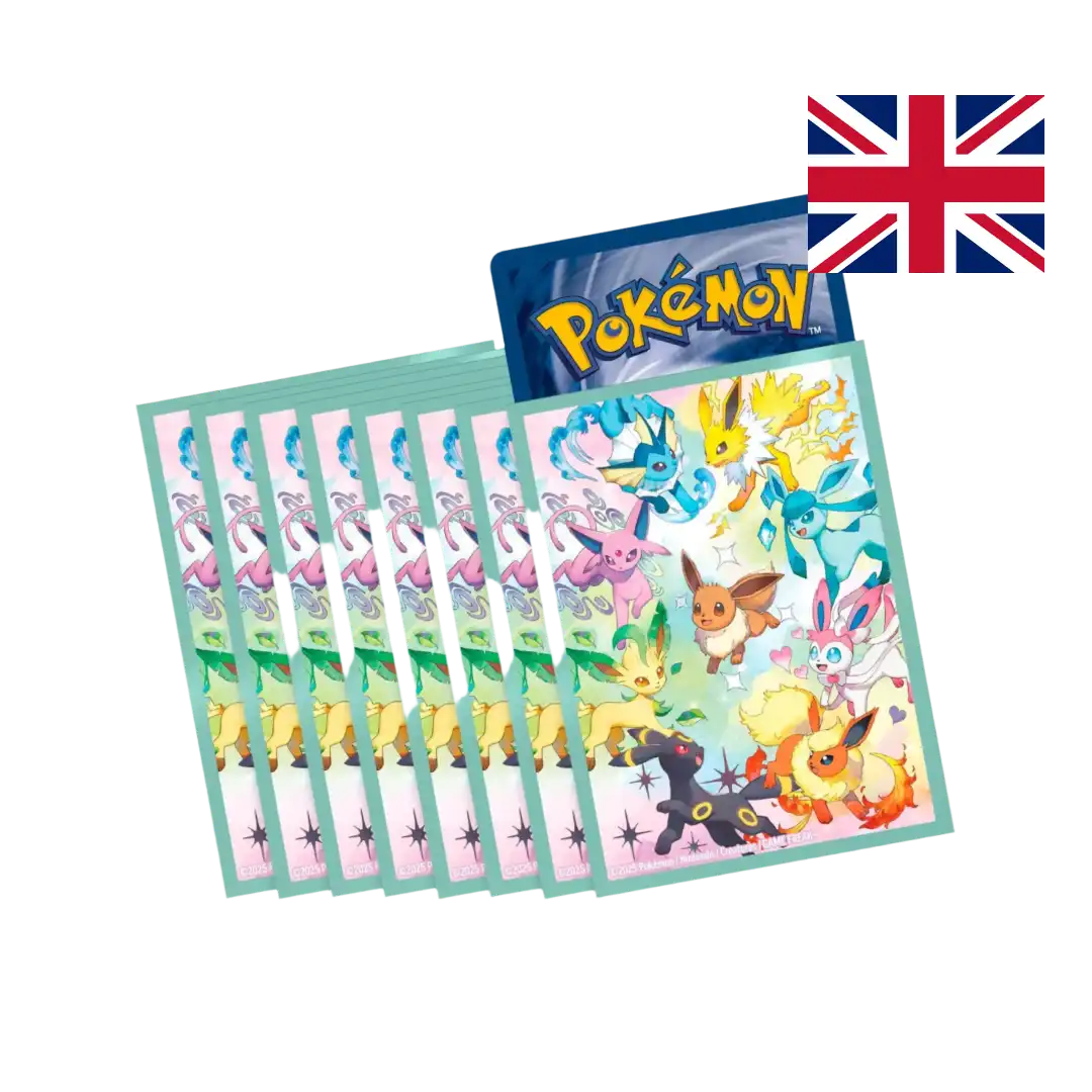 Set of Pokémon card sleeves featuring artwork of all Eevee evolutions including Sylveon, Umbreon, Espeon, Jolteon, Flareon, and Vaporeon