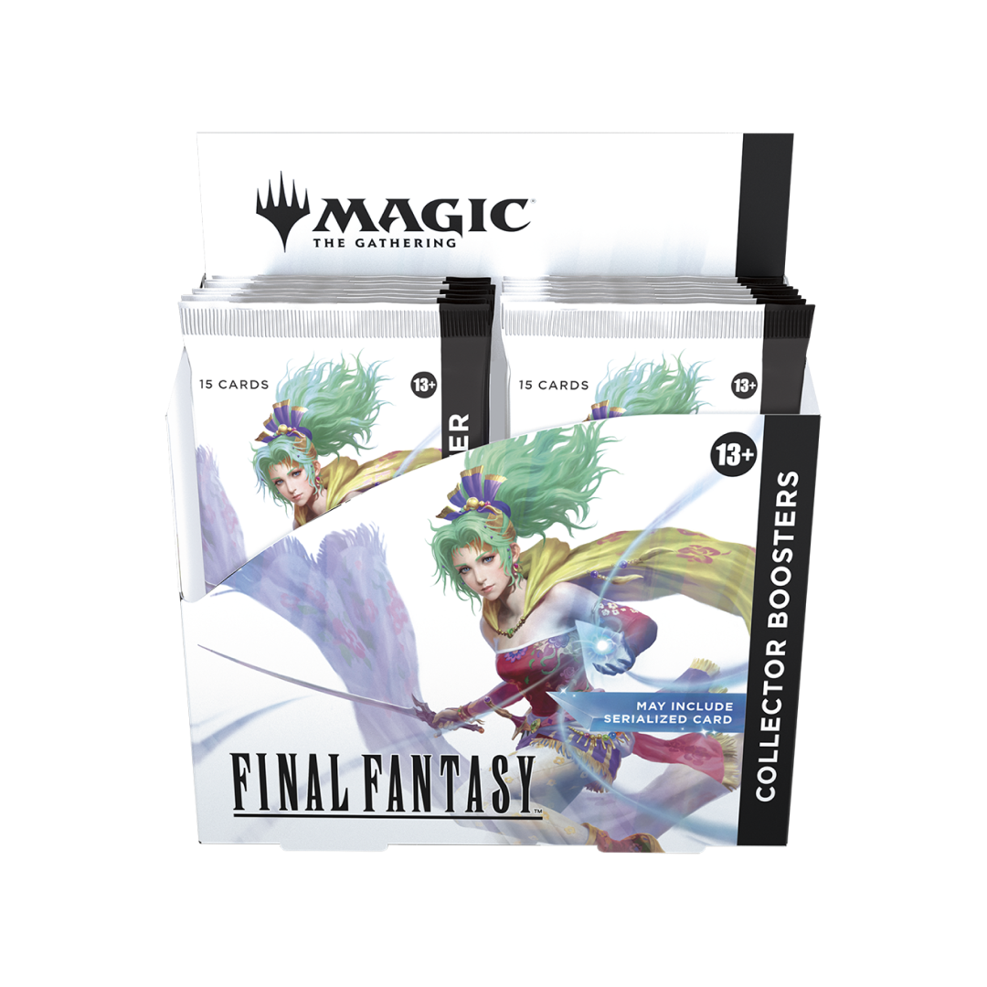 Confezione di buste Collector Booster di Magic: The Gathering - Final Fantasy. La scatola espositiva contiene 12 buste da 15 carte ciascuna, con artwork esclusivo di Terra Branford e possibilità di carte serializzate.