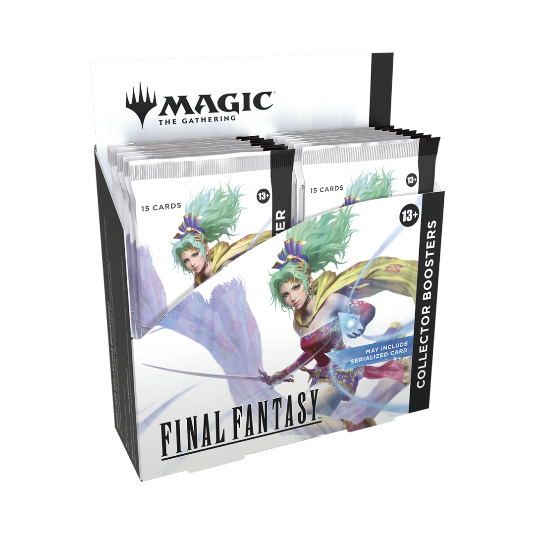 catola espositiva di Collector Booster Magic: The Gathering - Final Fantasy. 12 buste con carte a tiratura limitata, foil e artwork ispirati alla saga di Final Fantasy.