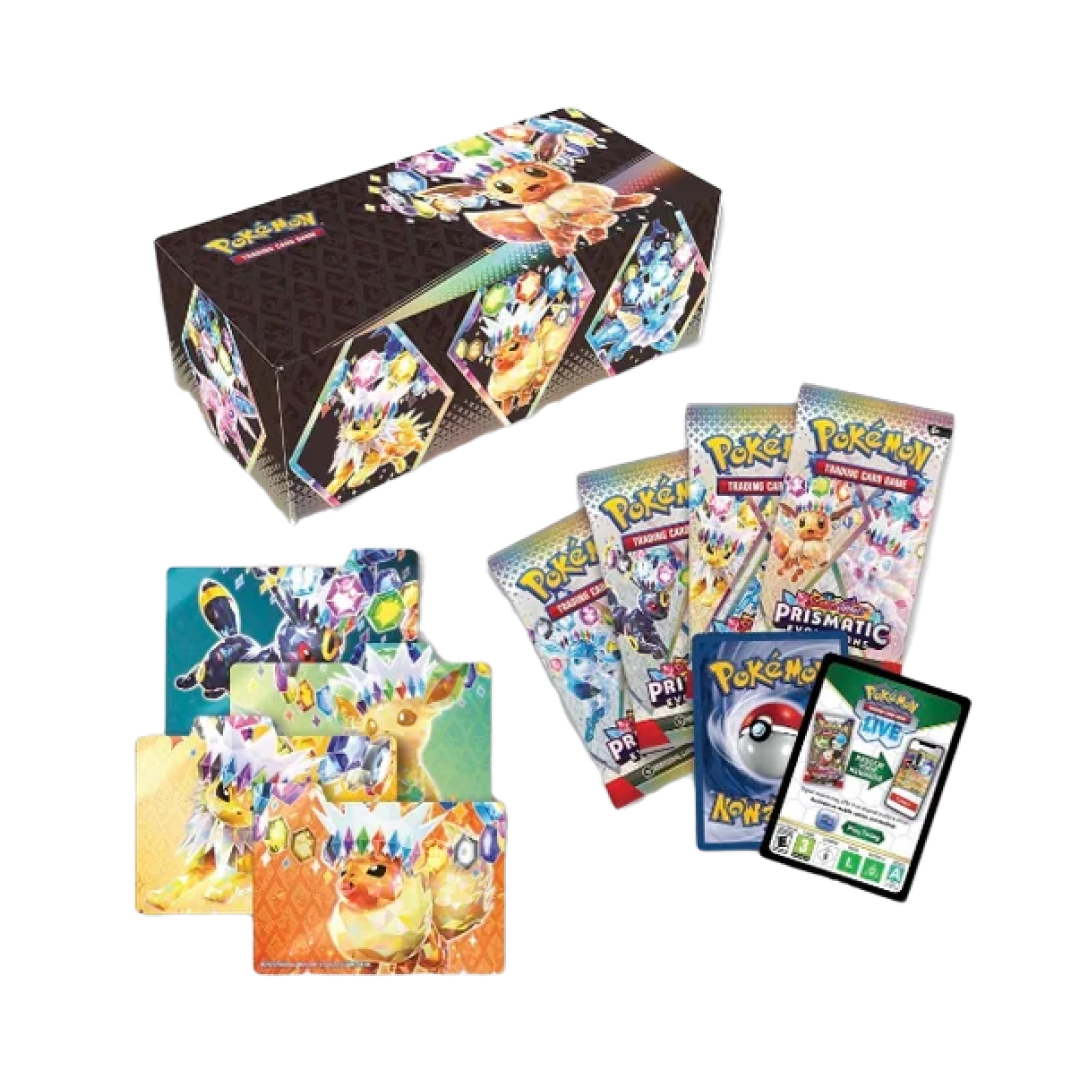 Immagine che mostra il cofanetto da collezione, 4 buste dell'espansione Scarlatto e Violetto: Evoluzioni Prismatiche, carte promozionali, divisori e codice per il GCC Pokémon Live.