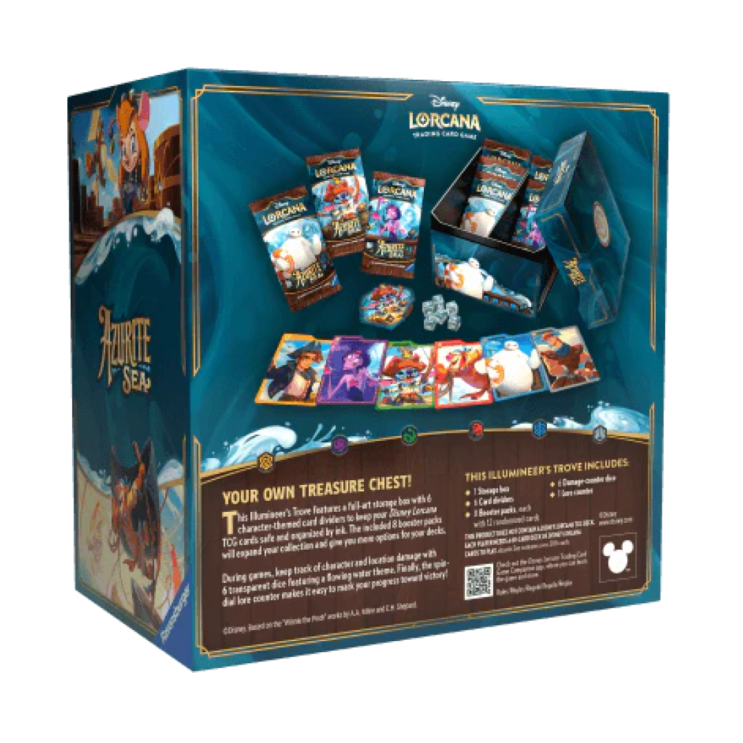 Retro del Disney Lorcana Azurite Sea Illumineer's Trove con booster packs e carte del gioco di trading