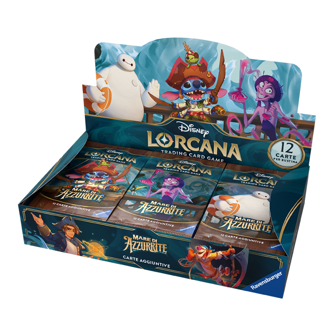 Disney Lorcana Mare di Azzurrite Display Booster Box aperto con illustrazioni di Stitch, Baymax e Yzma