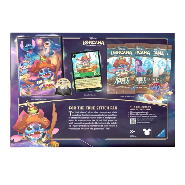 Retro del Disney Lorcana Stitch Collector's Gift Set con dettagli sui contenuti, inclusi portfolio e carte esclusive