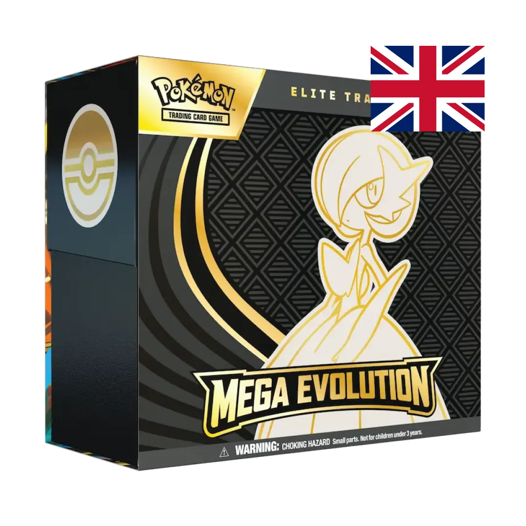 Pokémon Mega Evolution Elite Trainer Box featuring Mega Gardevoir on black geometric background