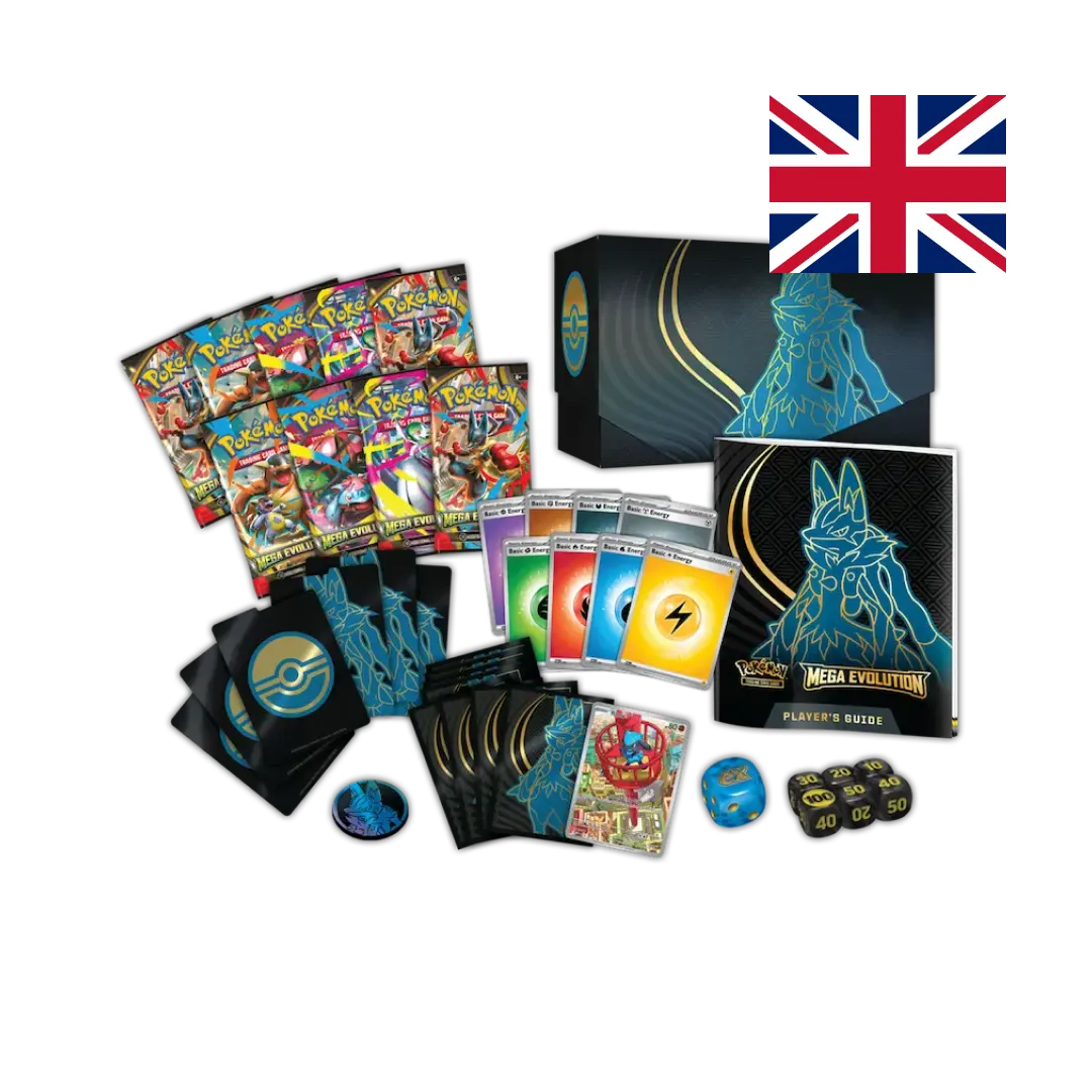 Pokémon Mega Evolution Elite Trainer Box contents with blue-themed accessories, booster packs, and dice.