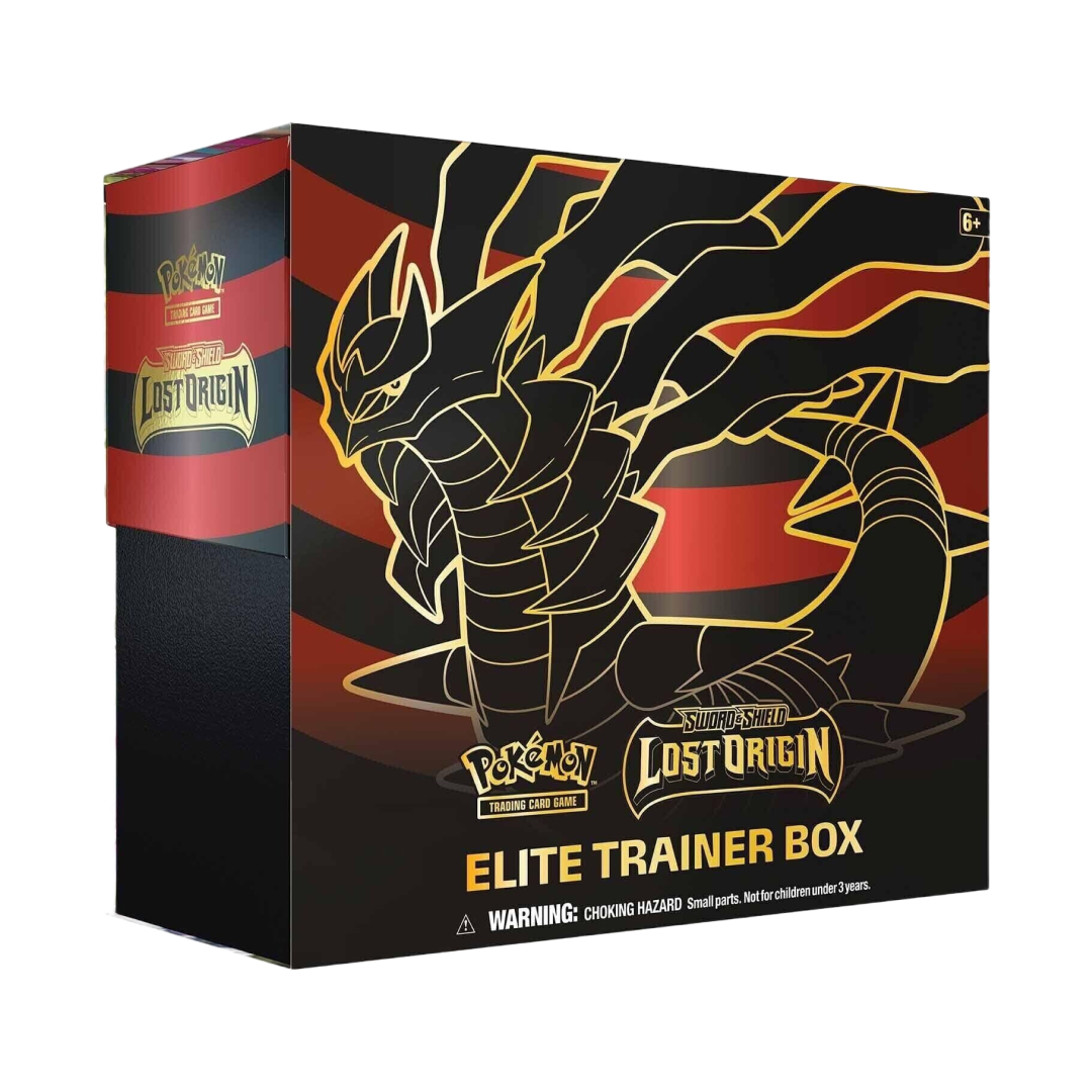 Pokémon Lost Origin Elite Trainer Box con design di Giratina sulla parte frontale in una combinazione di colori rosso e nero.