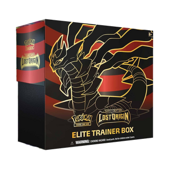 Pokémon Lost Origin Elite Trainer Box con design di Giratina sulla parte frontale in una combinazione di colori rosso e nero.