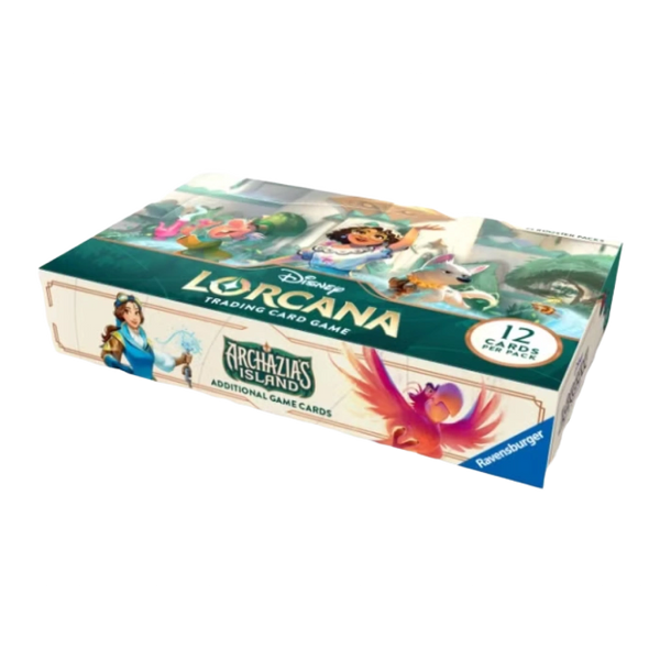 Disney Lorcana - L'Isola di Archazia Booster Pack Display aperto, con 24 buste dell'espansione e artwork dei personaggi Disney.
