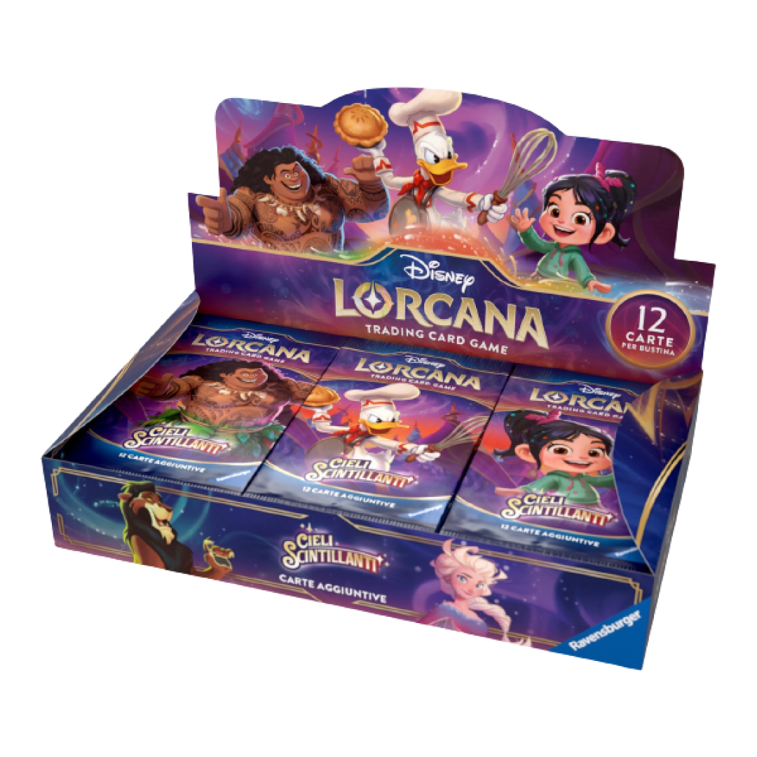 Display di Lorcana: Cieli Scintillanti contenente 24 buste di carte, con immagini di Vanellope, Maui, Paperino e altri personaggi Disney.