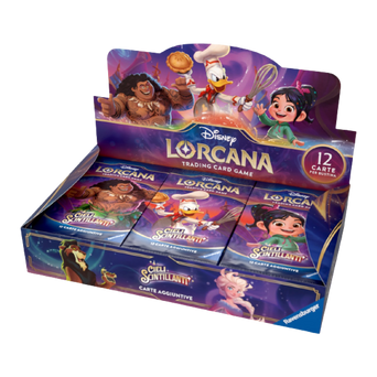 Display di Lorcana: Cieli Scintillanti contenente 24 buste di carte, con immagini di Vanellope, Maui, Paperino e altri personaggi Disney.