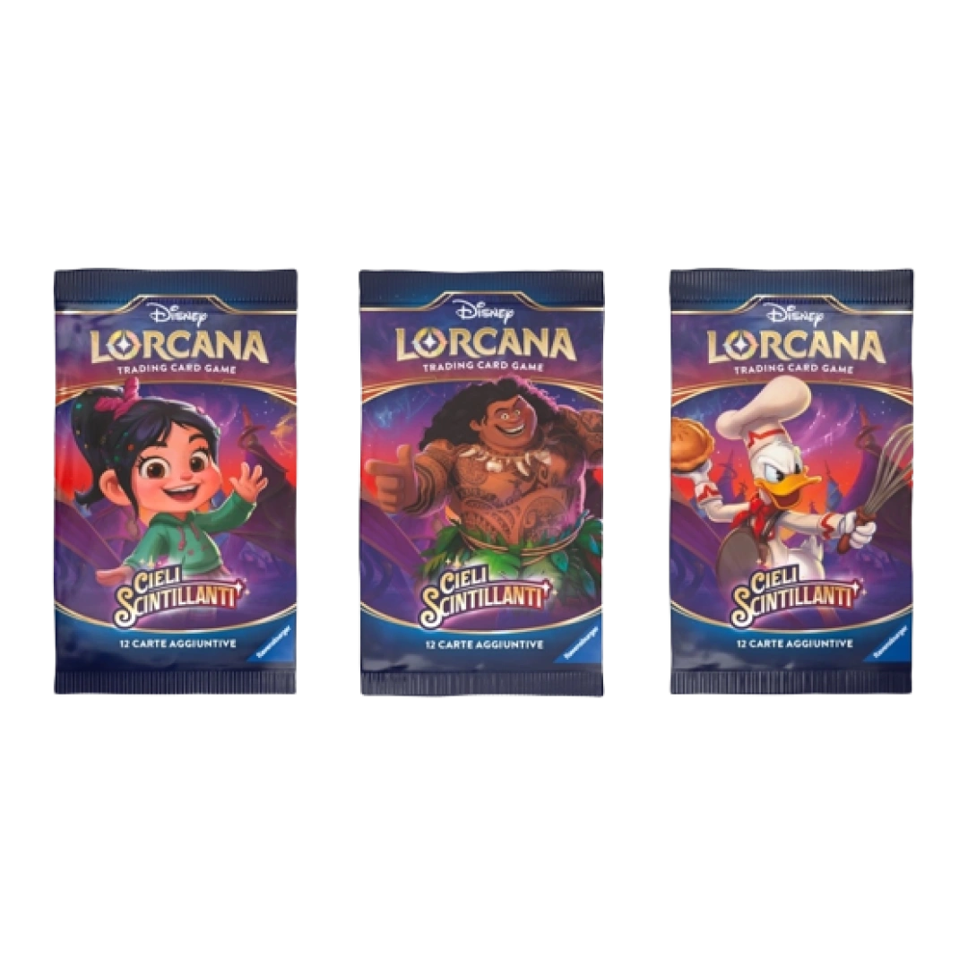 Immagine di tre pacchetti booster di Lorcana: Cieli Scintillanti con Vanellope, Maui e Paperino.