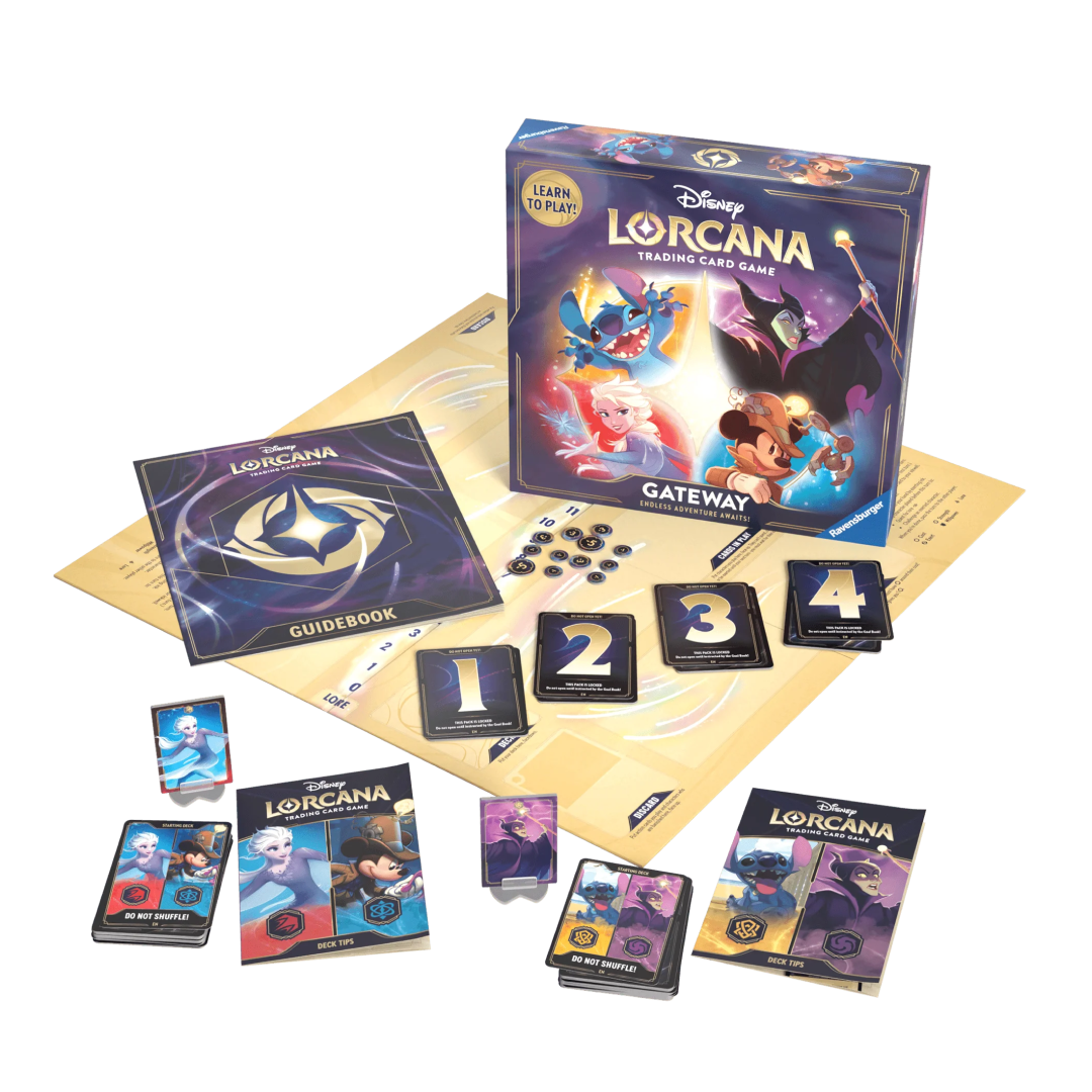 Contents of the Lorcana Gateway Starter Set, including cards, tokens, a game board, and guidebook featuring Disney characters Stitch, Elsa, Maleficent, and Mickey Mouse.